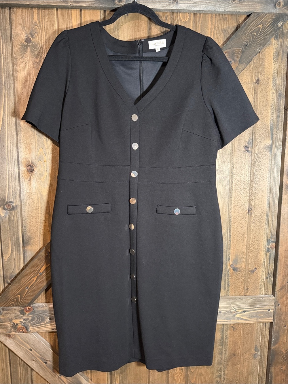 LAURA Black Button-Front V-Neck Midi Dress